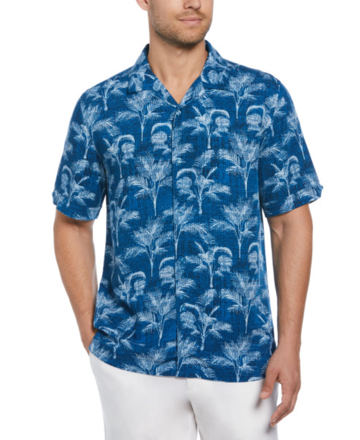 Men's Regular-Fit Textured Palm Tree Short-Sleeve Shirt - Mykonos Blue