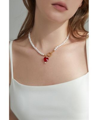 Freshwater Pearl Necklace with Red Heart Charm & 18K Plated Clasp