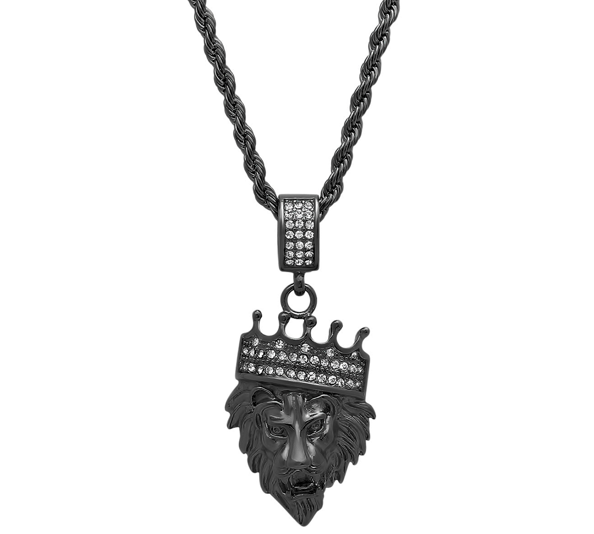 Steeltime Men's Stainless Steel Simulated Diamond Crowned Lion's Head 30" Pendant Necklace In Black