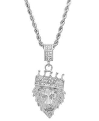 STEELTIME - Men's Stainless Steel Simulated Diamond Crowned Lion's Head 30" Pendant Necklace