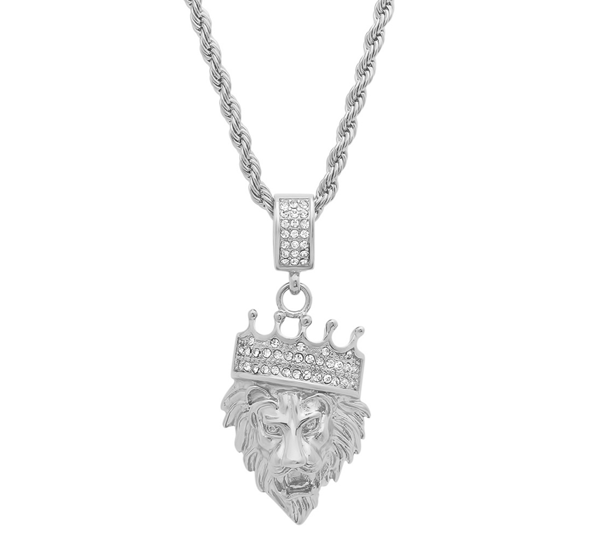 Steeltime Men's Stainless Steel Simulated Diamond Crowned Lion's Head 30" Pendant Necklace In Silver