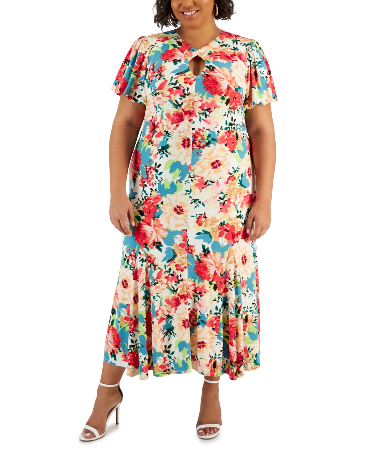Plus Size Floral-Print Keyhole Midi Dress - Cream Trop