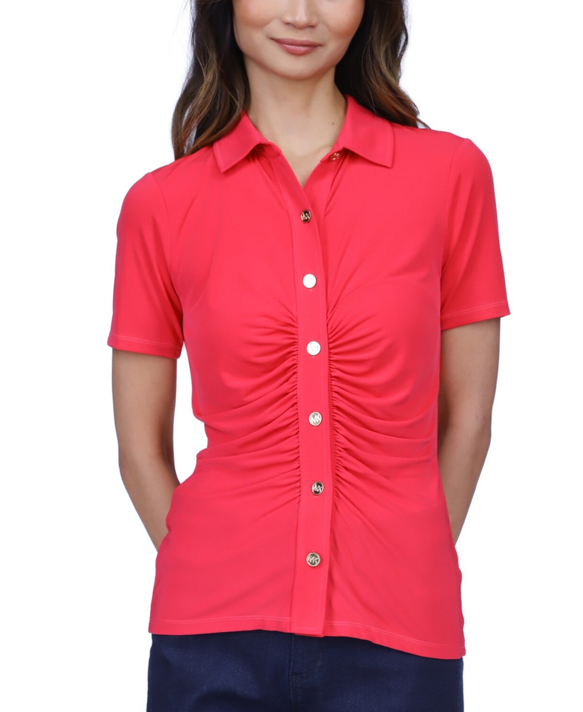 Michael Michael Kors Petite Snap-Front Ruched Top - Deep Pink