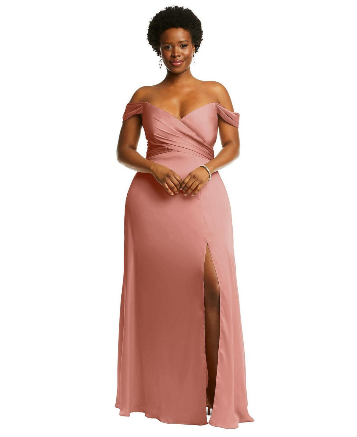 Plus Size Off-the-Shoulder Flounce Sleeve Empire Waist Gown with Front Slit - Desert rose