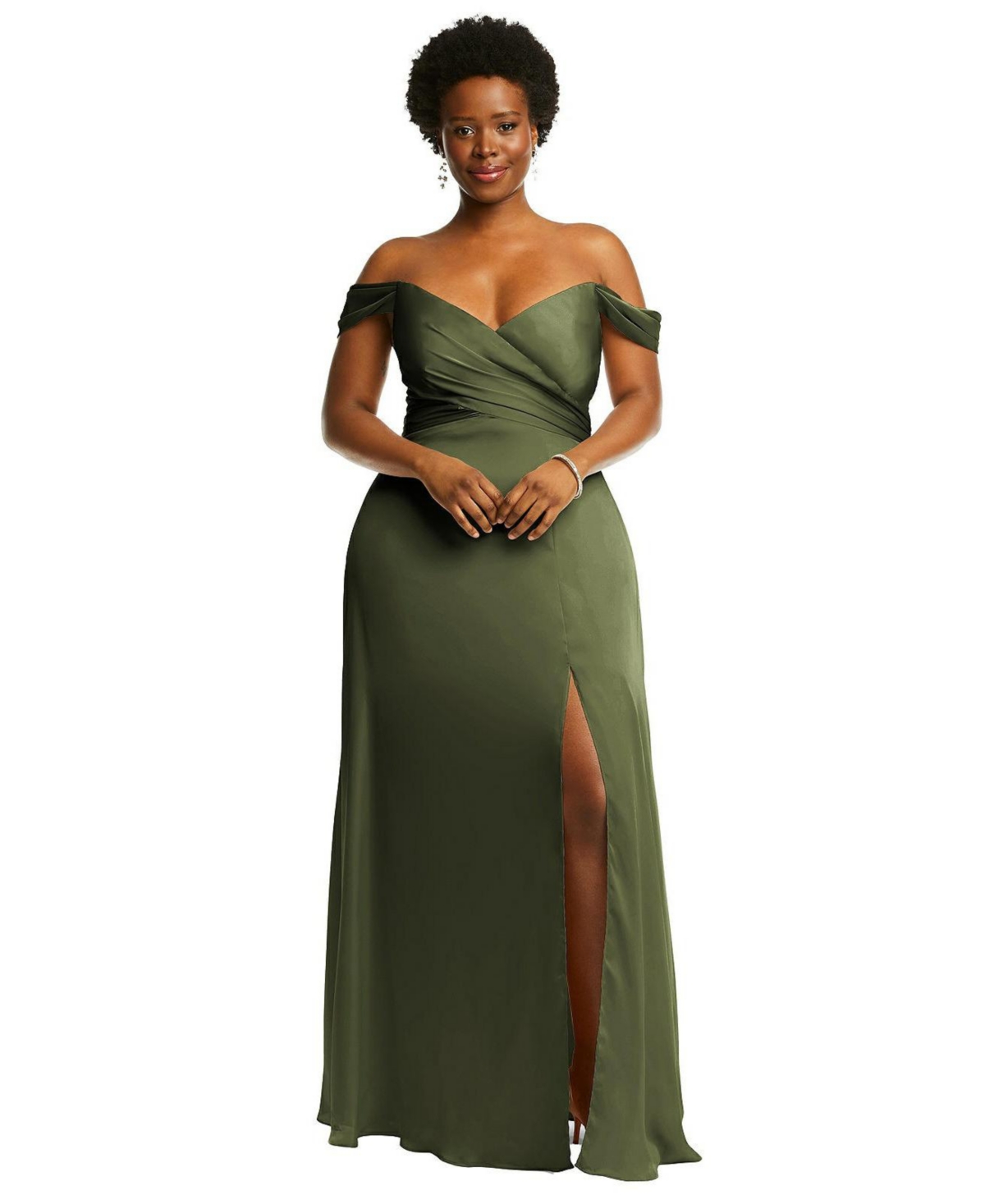 Womens Off-the-Shoulder Flounce Sleeve Empire Waist Gown with Front Slit - Olive green