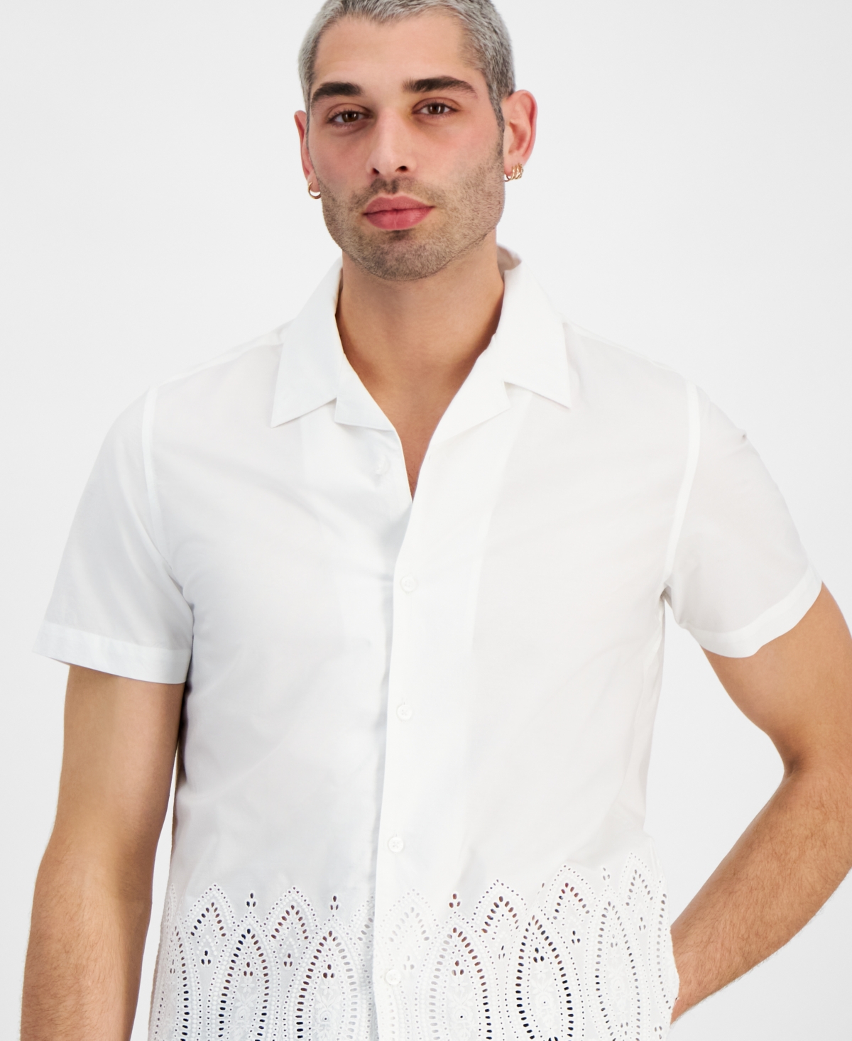 Shop Guess Men's Regular-fit Poplin Eyelet Shirt In Pure White