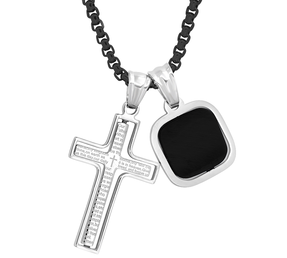 Steeltime Men's Silver-Tone Our Father English Prayer Spinning Cross & Square Pendant Necklace, - Silver