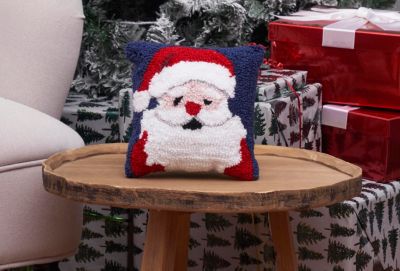 Christmas Santa Wishes Hooked Mini Blue Accent Pillow 8" x 8"