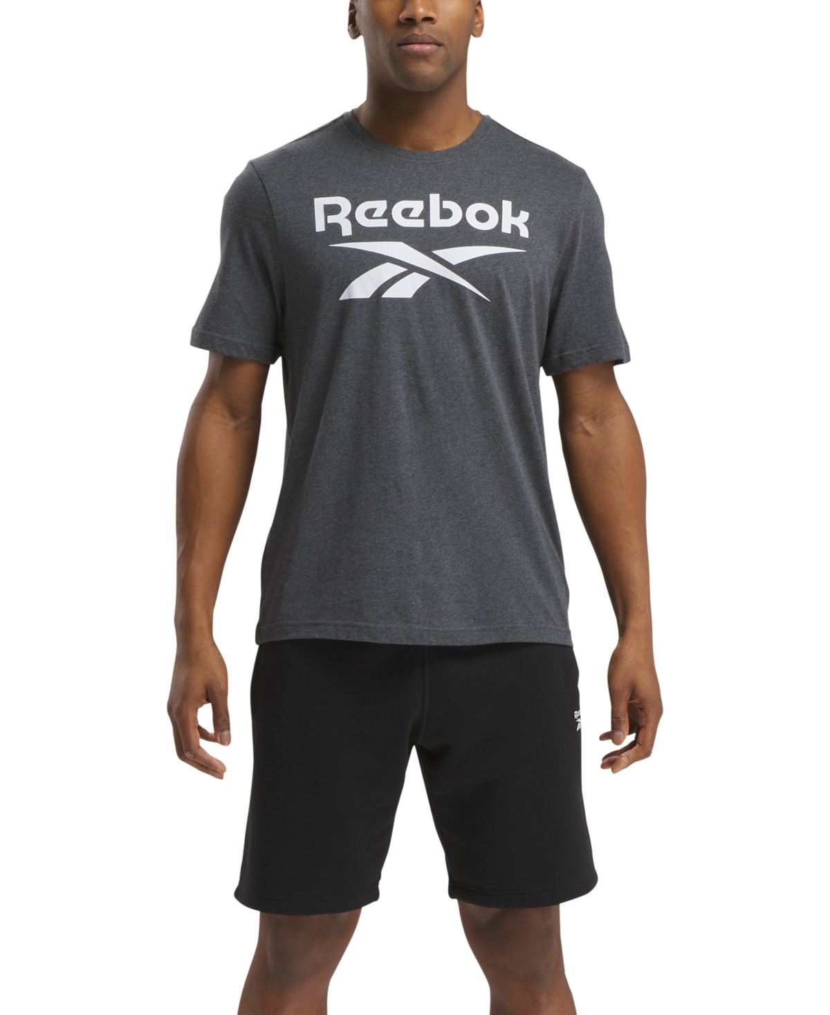 Shop Reebok Men's Identity Stacked Logo T-shirt In Dark Grey Heather,white