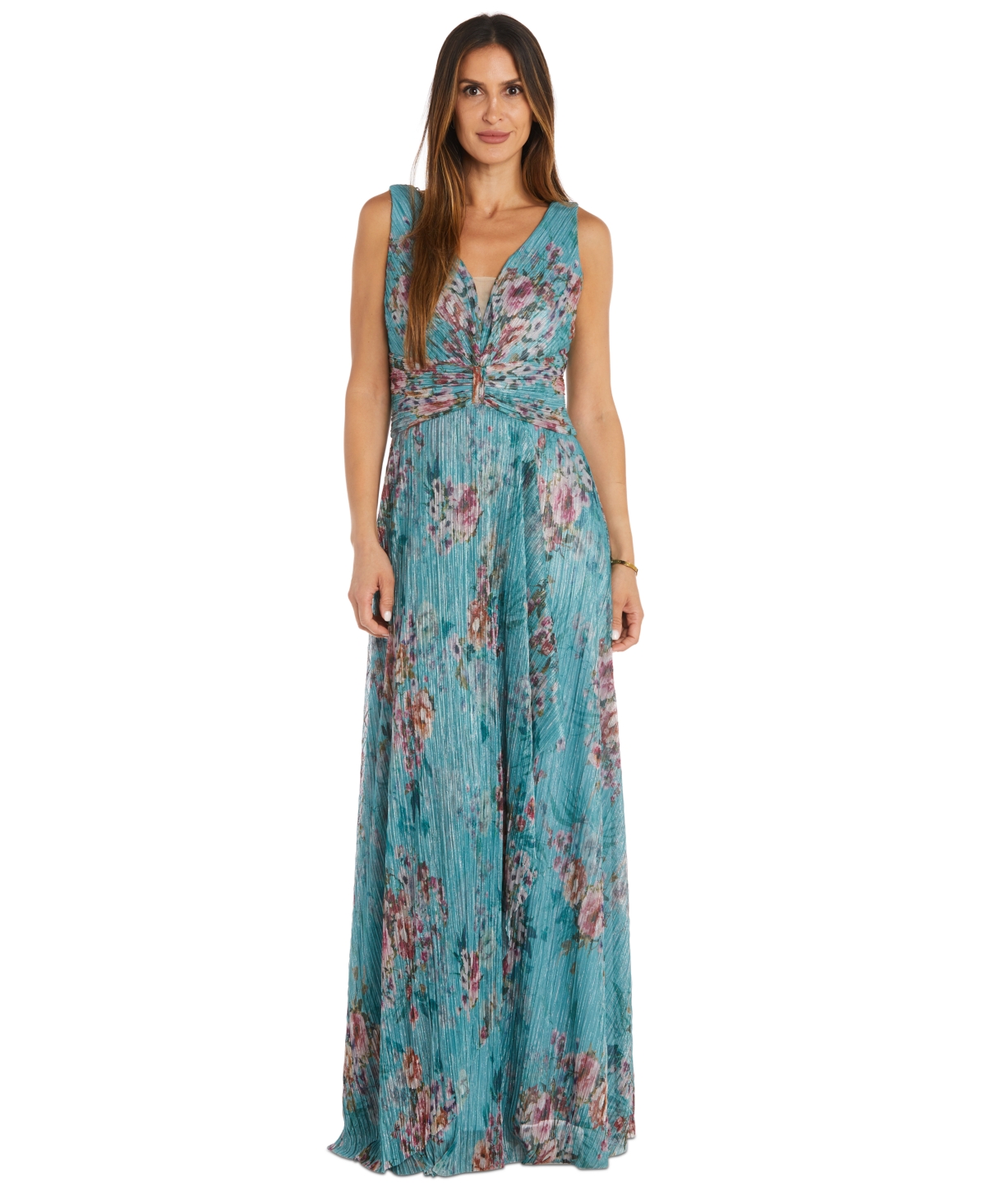 R & M Richards Women's Metallic Floral Print Sleeveless Gown In Turquoise