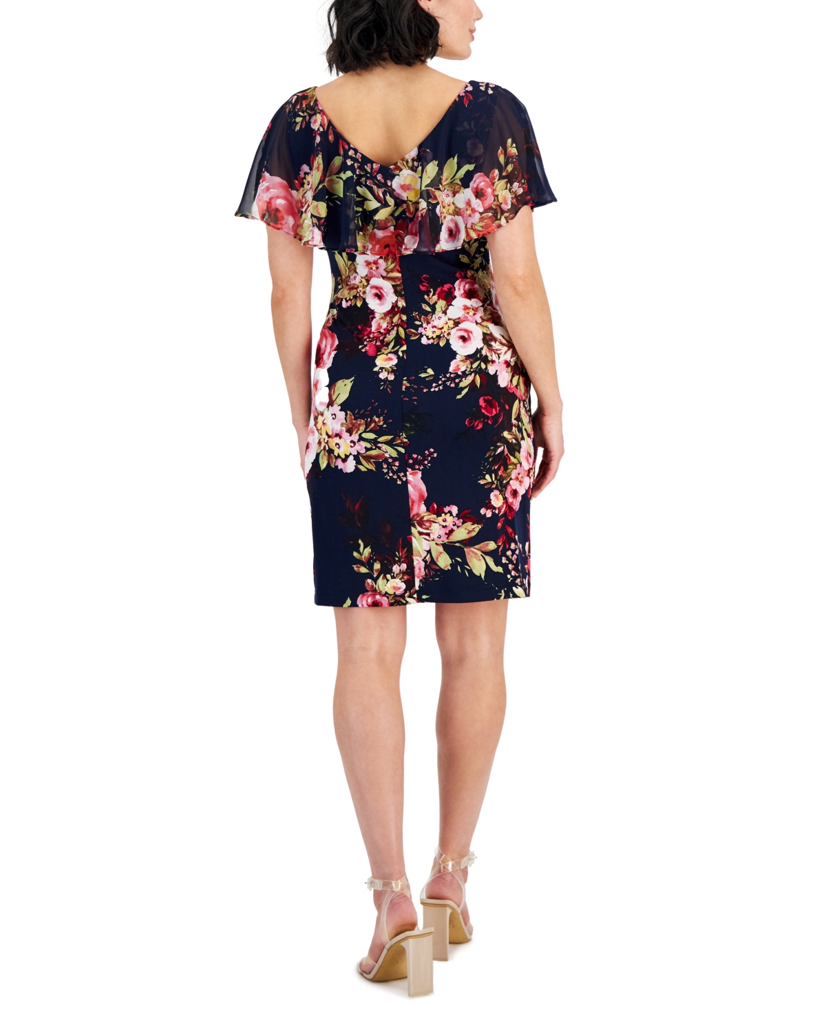 Shop Connected Petite Printed V-neck Cape Sheath Dress In Navy