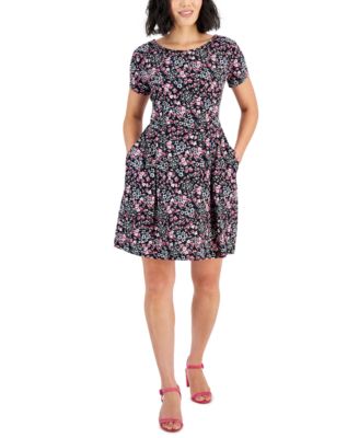 Connected - Petite Printed Round-Neck Fit & Flare Dress