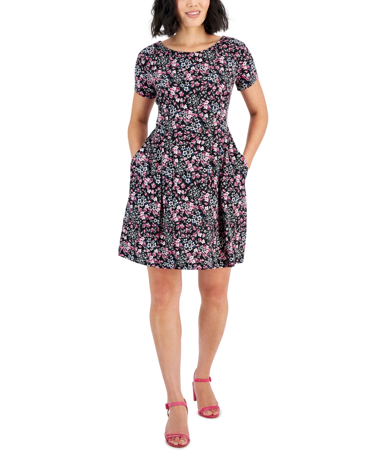 Shop Connected Petite Printed Round-neck Fit & Flare Dress In Berry
