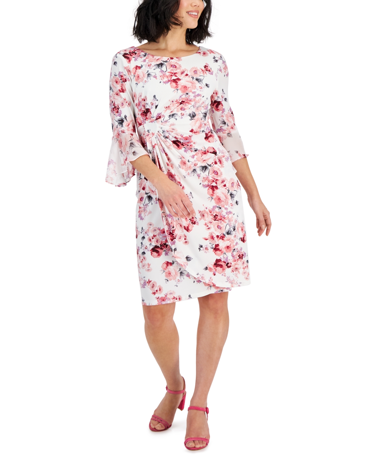 Shop Connected Petite Printed Elbow-sleeve Sheath Dress In Mauve