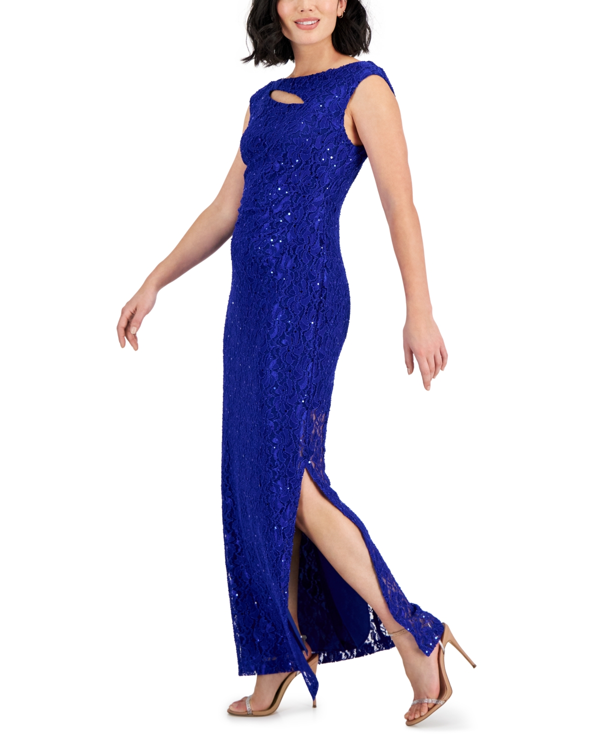 Shop Connected Petite Sleeveless Embellished Lace Gown In Cobalt Blue