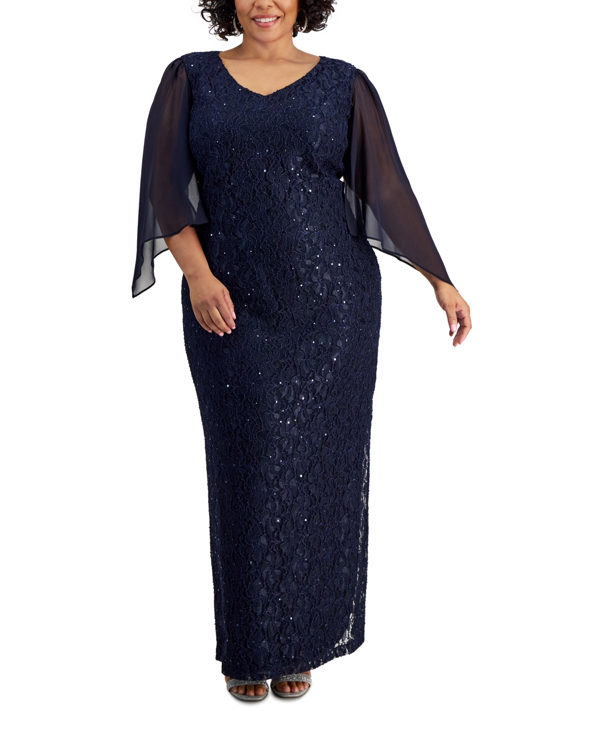 Plus Size Embellished 3/4-Sleeve Lace Gown - Navy