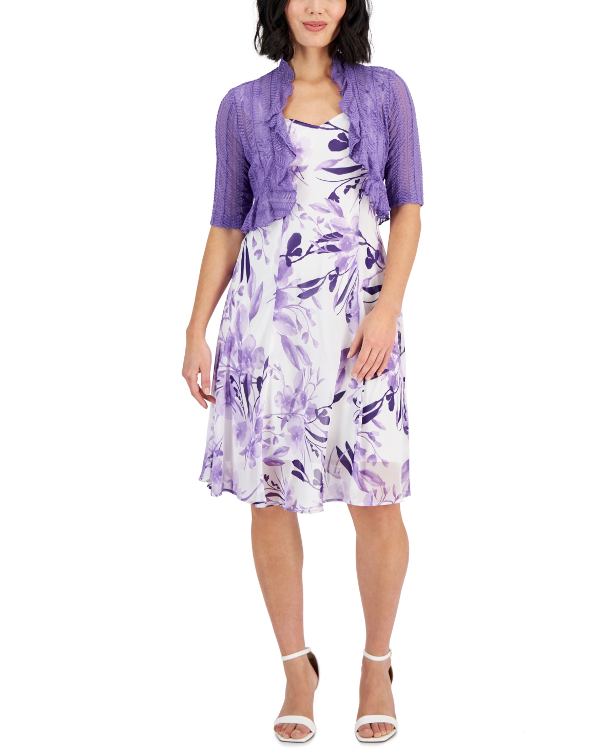 Shop Connected Petite Ruffled Jacket & Printed Sweetheart-neck Dress In Ivy,purple