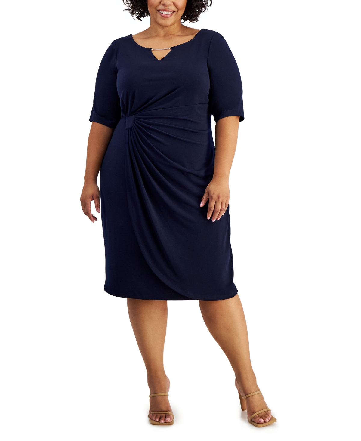 Shop Connected Plus Size Elbow-sleeve Side-drape Dress In Navy