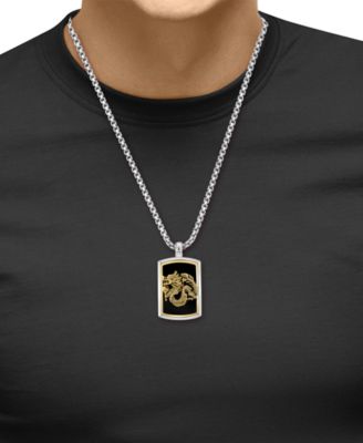EFFY&reg; Men's Onyx Dragon Dog Tag 22" Pendant Necklace in Sterling Silver & 14k Gold-Plate