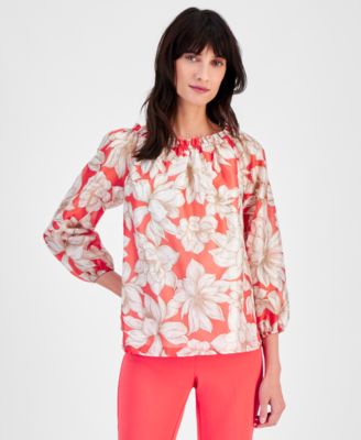 Anne Klein - Women's Printed Ruffled-Neck Top