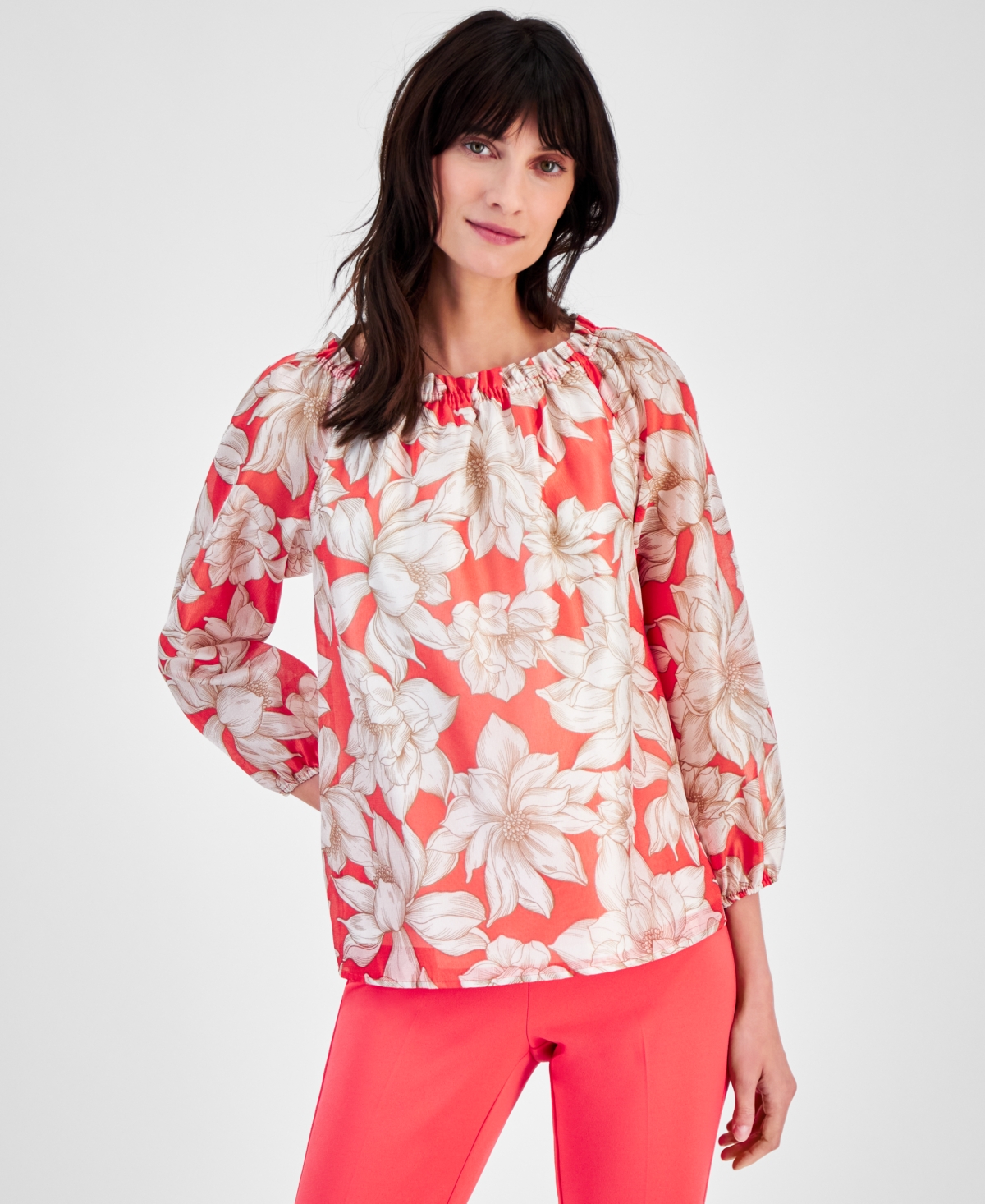 Anne Klein Women's Printed Ruffled-Neck Top -BRIGHT WHITE MULTI