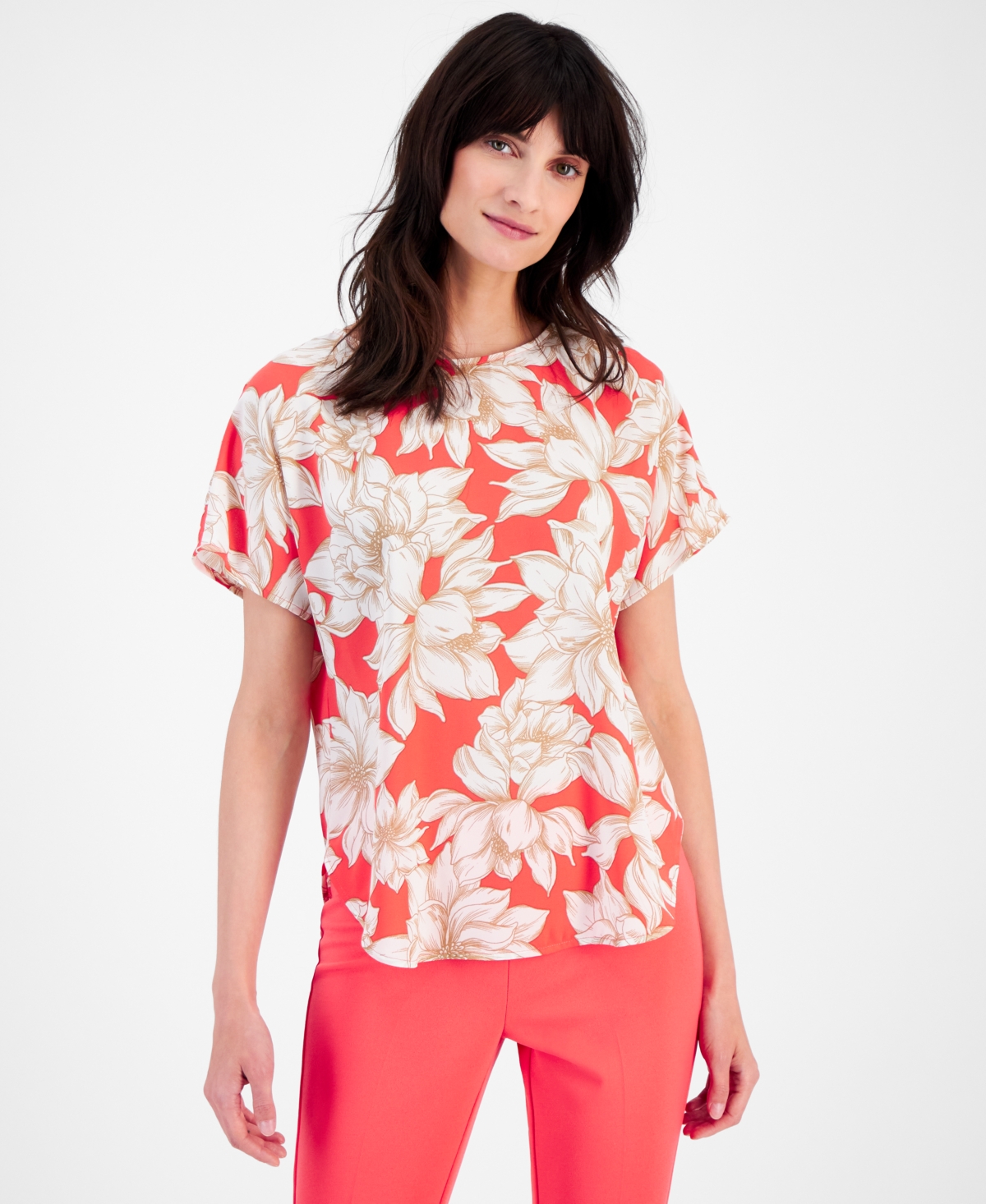 Petite Floral-Print Short-Sleeve Blouse - Red Pear/Brown