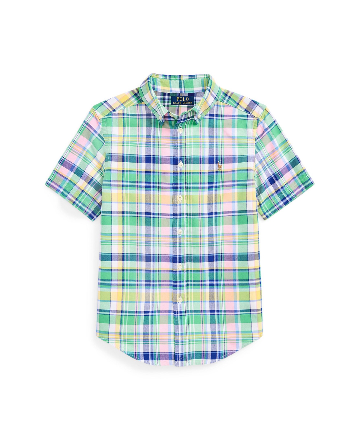 Shop Polo Ralph Lauren Big Boys Plaid Cotton Oxford Short Sleeve Shirt In Green,pink Multi