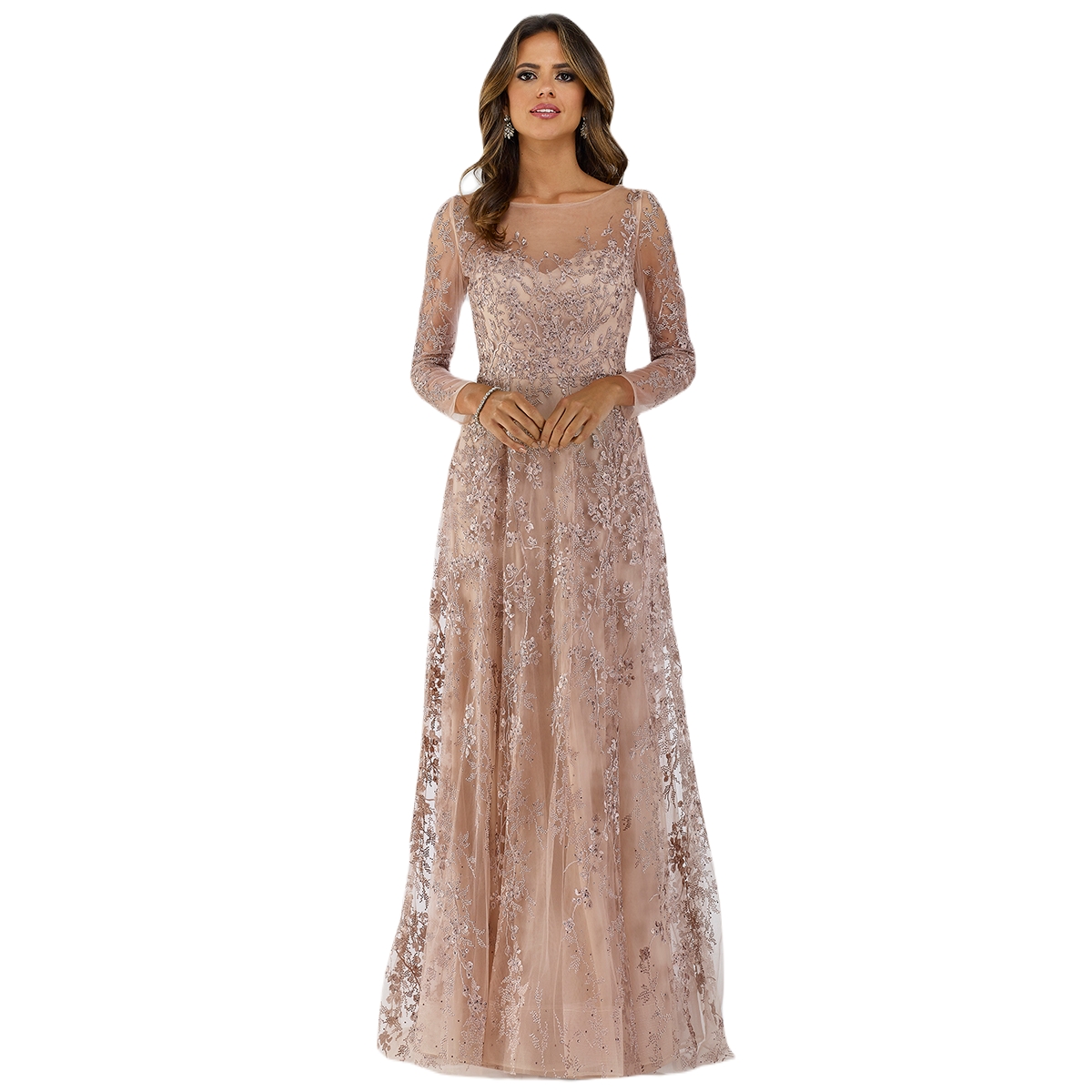 Women's Illusion Neckline A-line Long Sleeves Gown - Blush