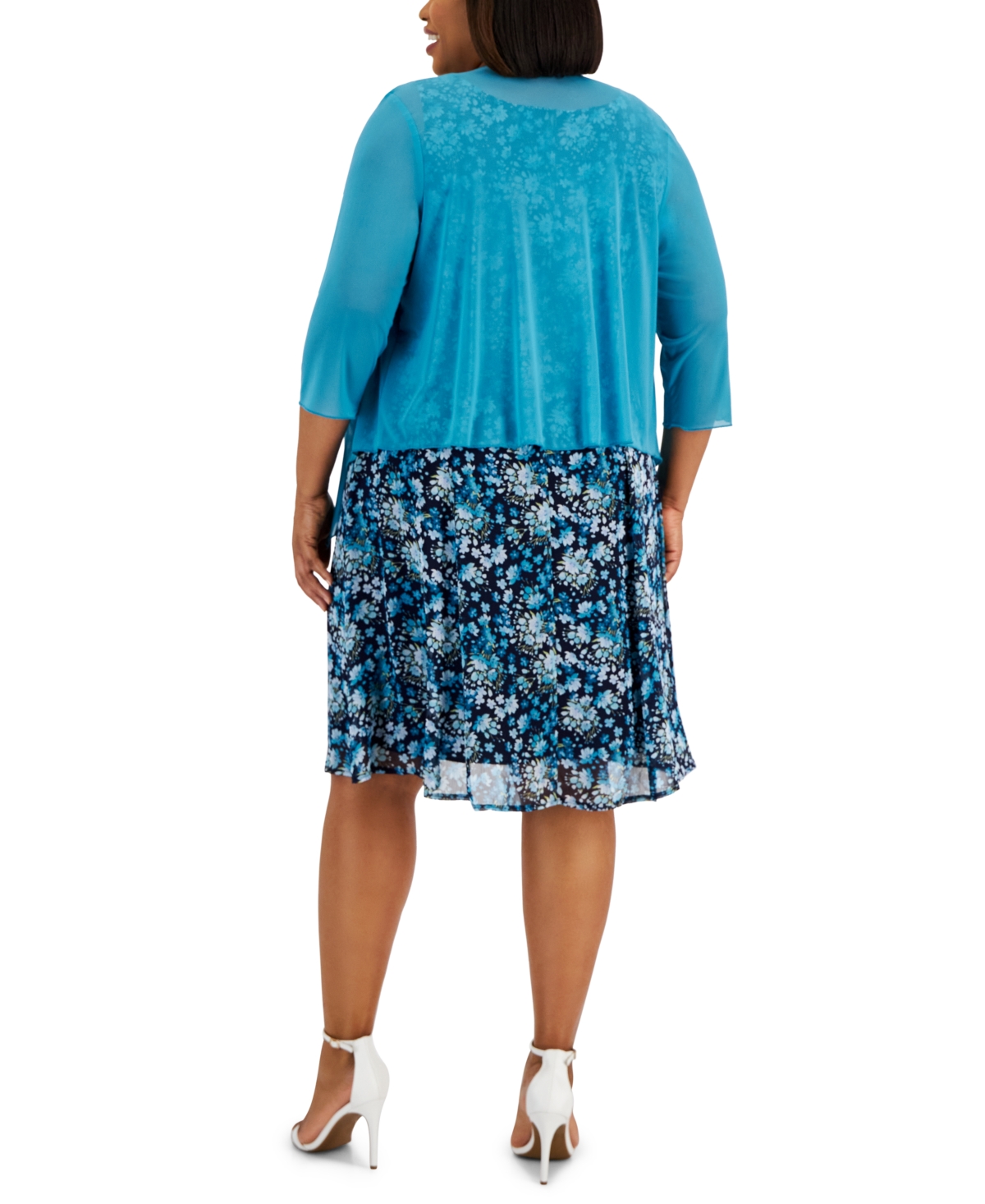 Shop Connected Plus Size Open-font Jacket & Printed Dress In Peacock