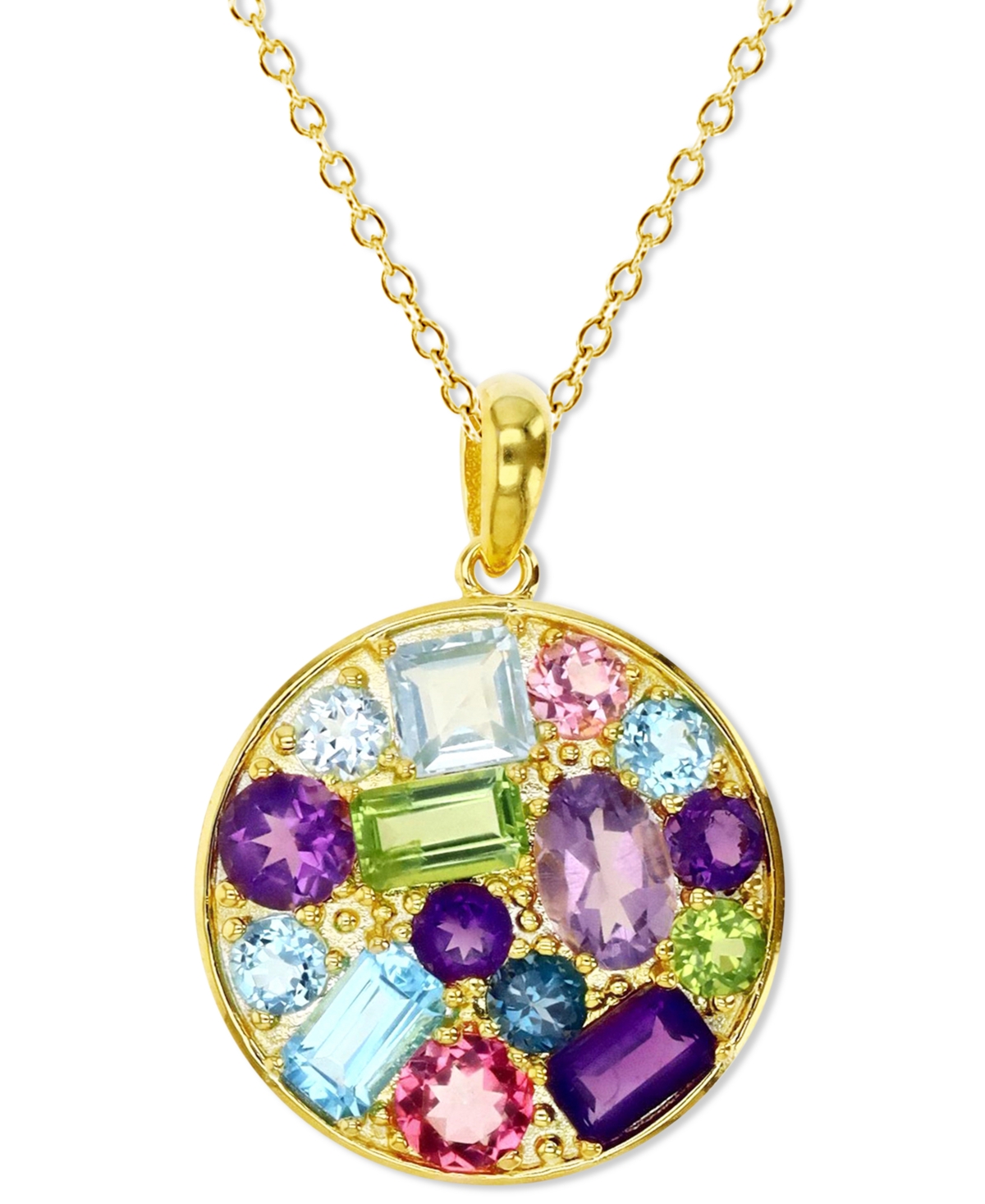 MACY'S MULTI-GEMSTONE MIXED CUT CLUSTER DISC 18" PENDANT NECKLACE (3-3/8 CT. T.W.) IN 14K GOLD-PLATED STERL 