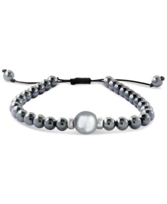 EFFY&reg; Men's Black Tahitian Pearl (10mm) & Hematite Bead Bolo Bracelet in Sterling Silver
