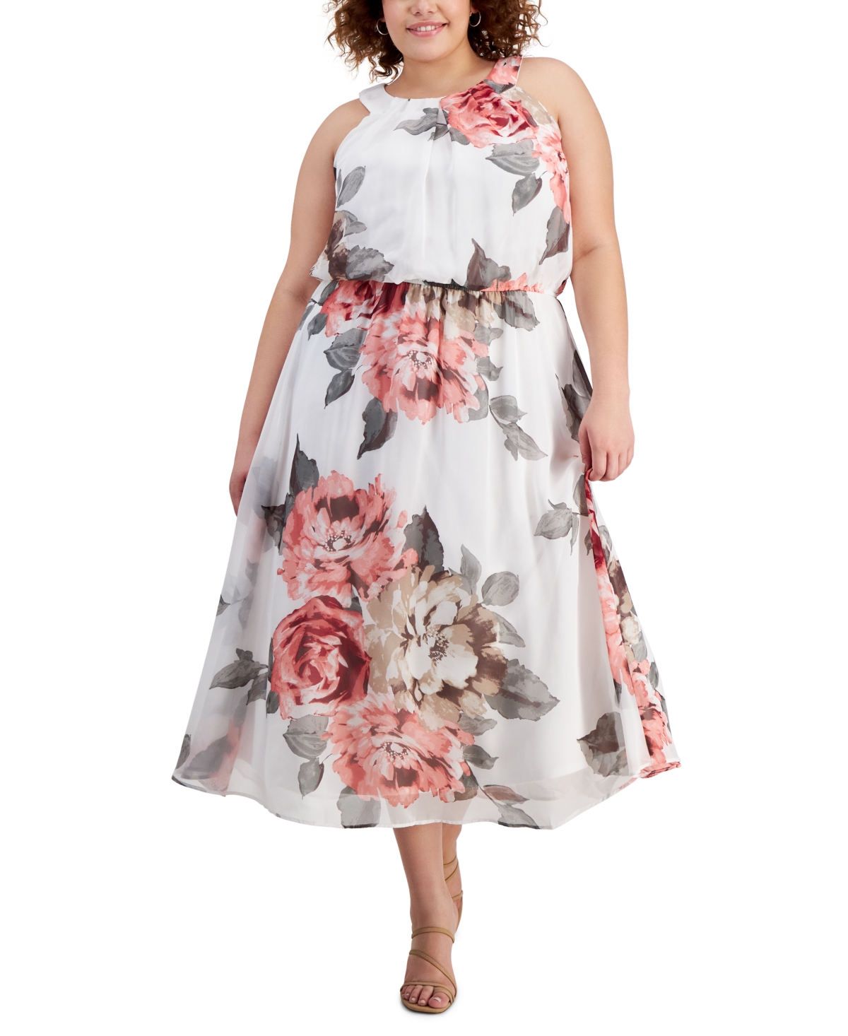 Plus Size Printed U-Neck Sleeveless Dress - White/blus