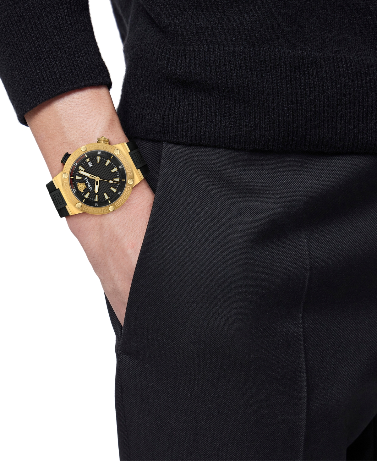 Shop Versace Men's Swiss Black Rubber Strap Watch 43mm In Gold