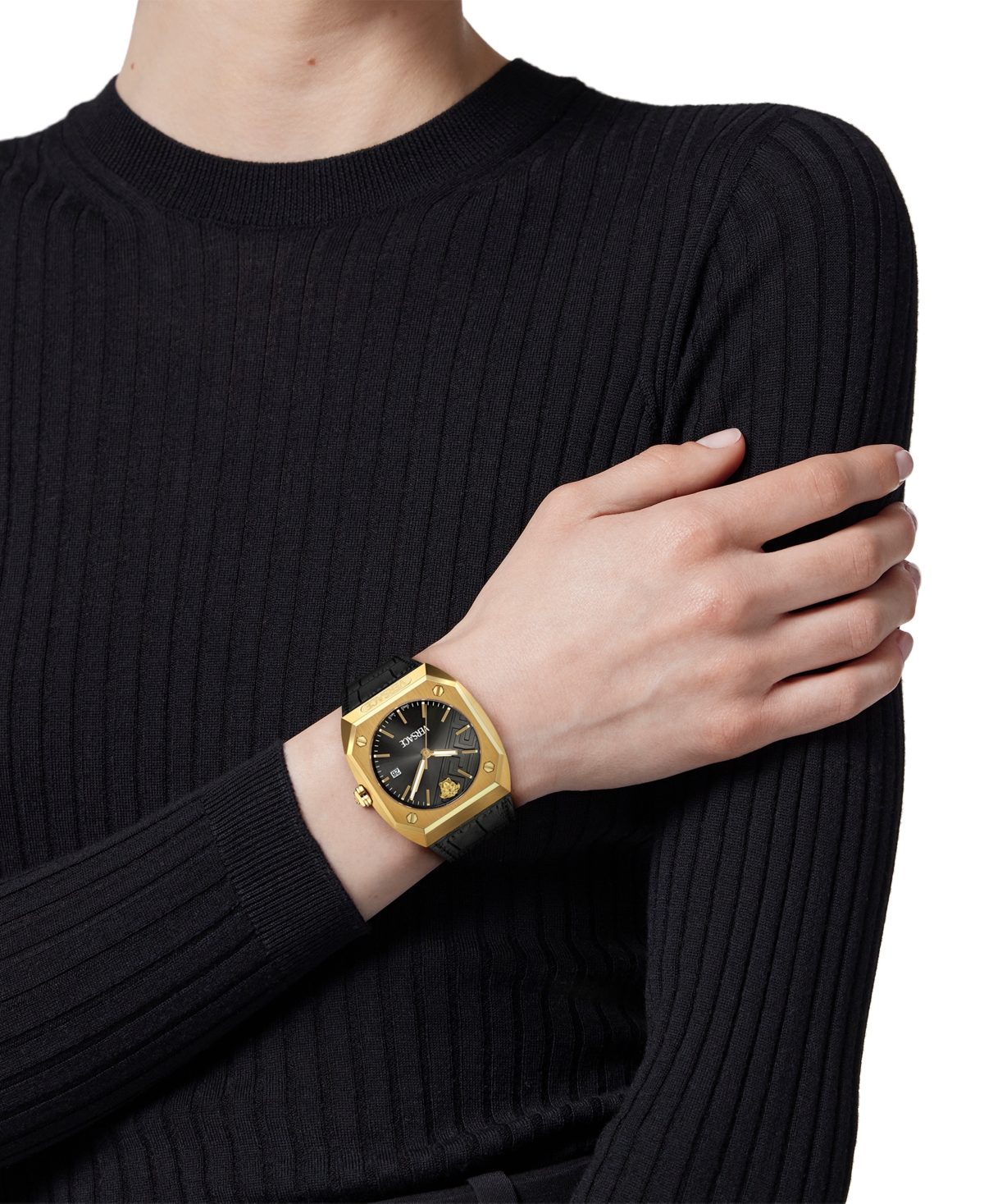 Shop Versace Men's Swiss Black Leather Strap Watch 44mm In Gold