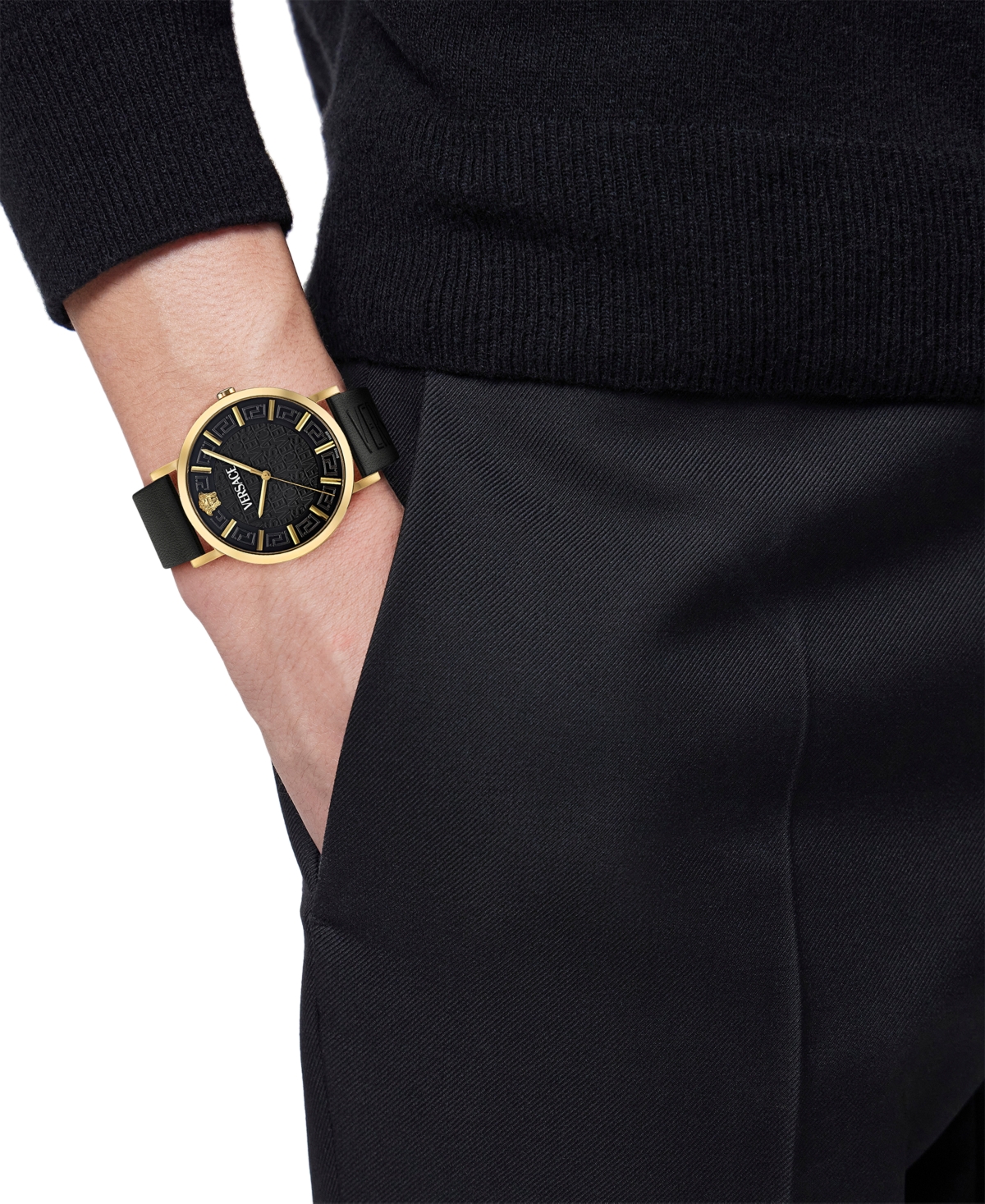 Shop Versace Unisex Swiss Black Leather Strap Watch 40mm In Gold