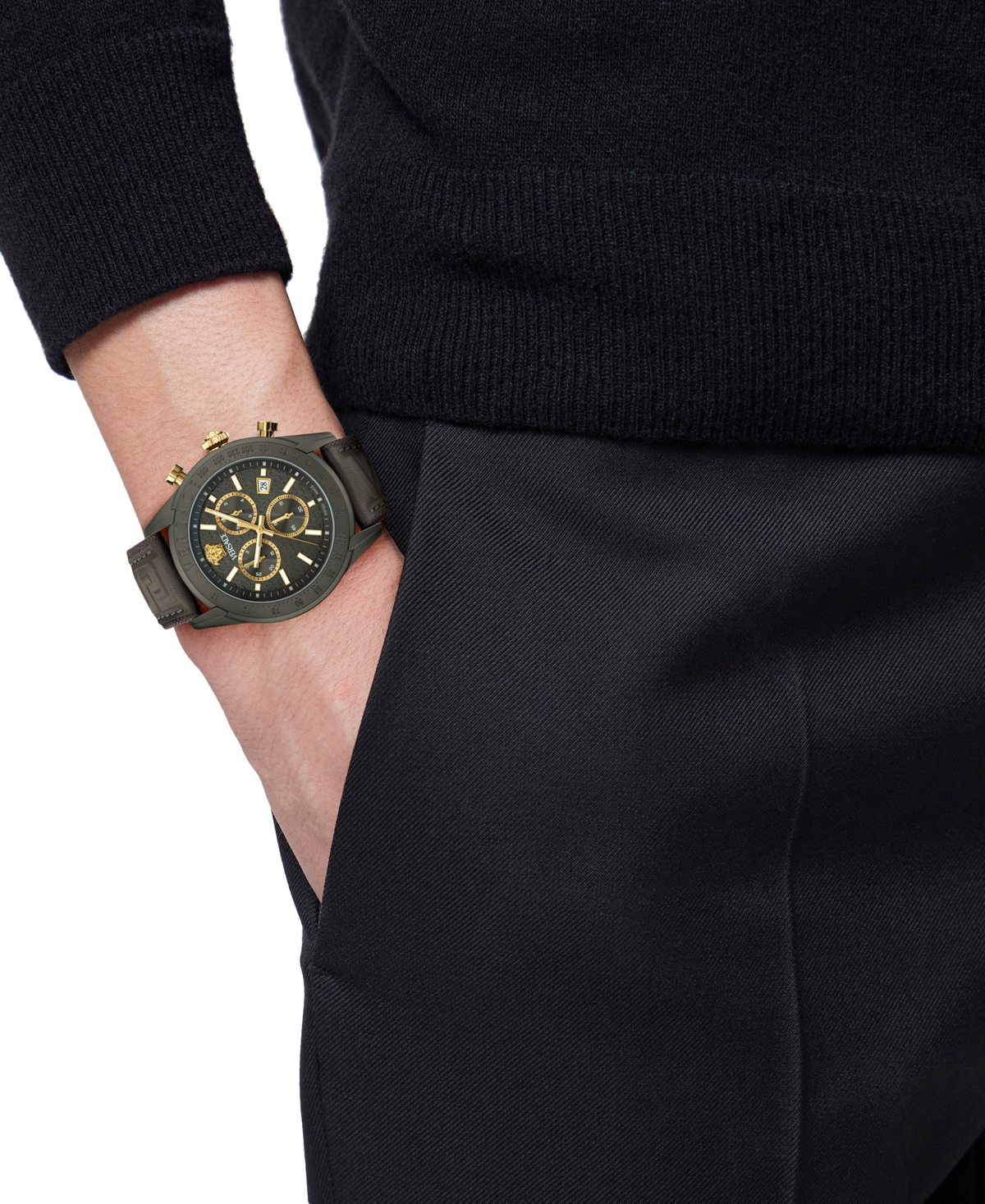 Shop Versace Men's Swiss Chronograph Gray Leather Strap Watch 44mm In Gun