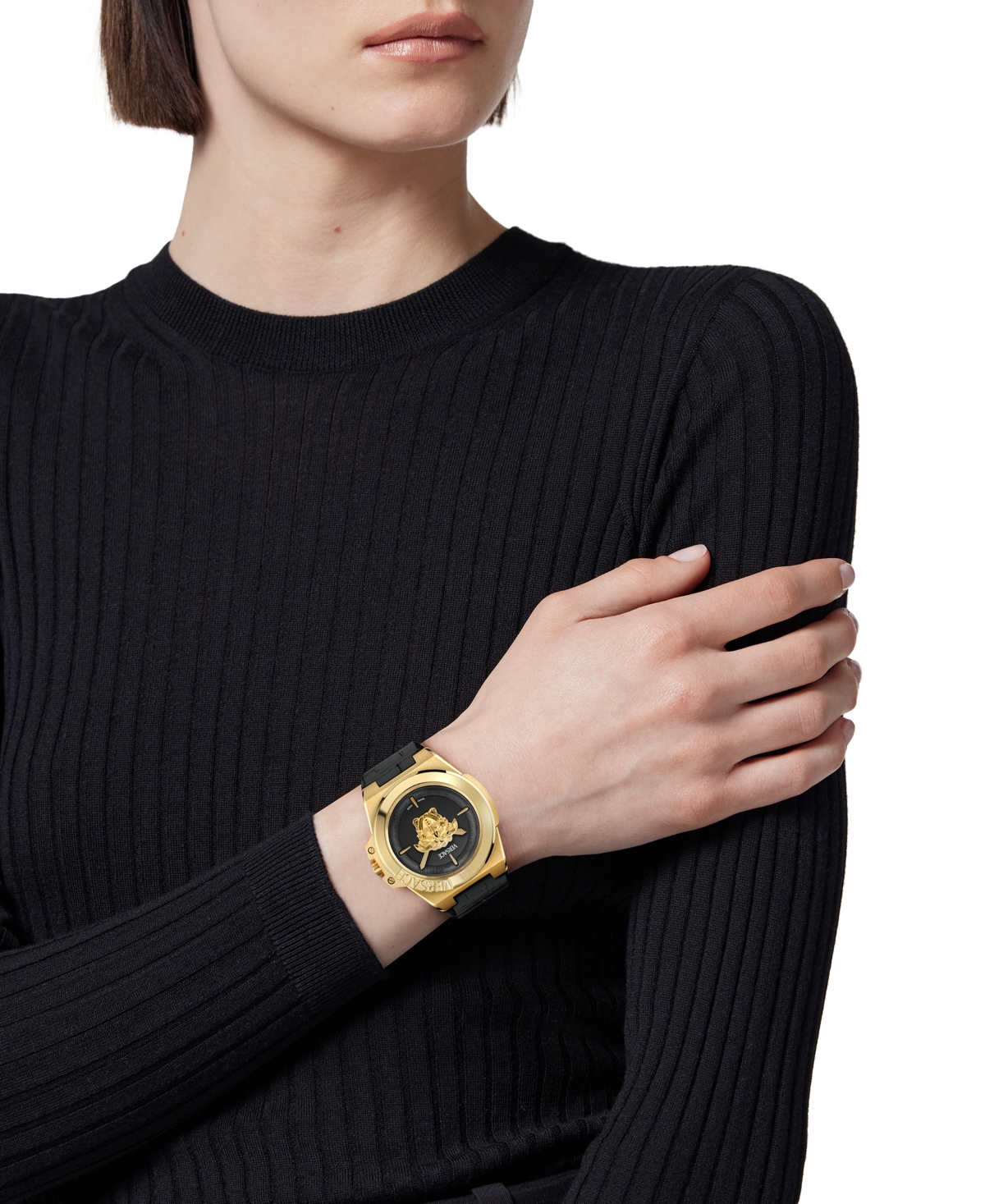 Shop Versace Women's Swiss Black Leather Strap Watch 37mm In Gold