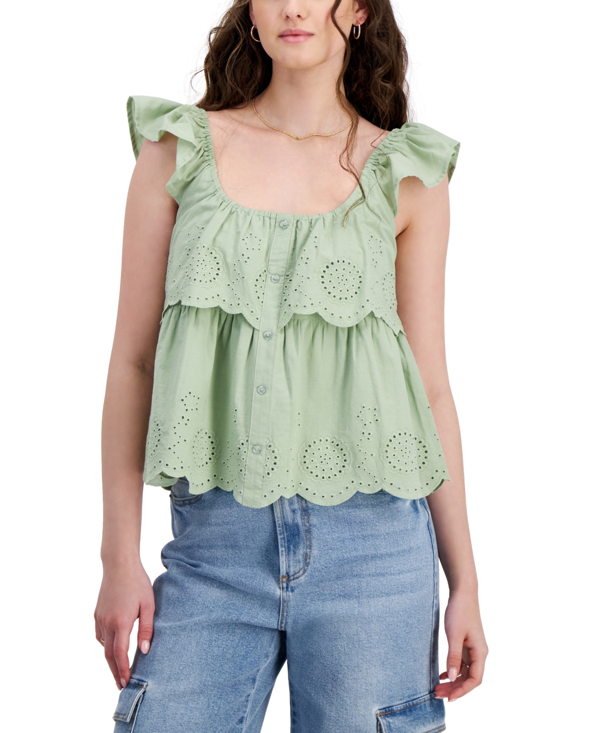Juniors' Cotton Eyelet Tiered Tank - Bright Whi