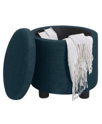 15.75" Faux Linen Round Storage Ottoman with Tray Lid