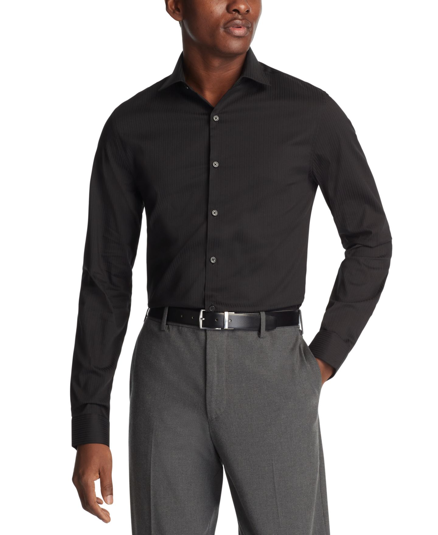 Мужская рубашка Kenneth Cole Reaction Slim Fit Tonal Stripe Dress Shirt, цвет: Чёрный — фото 1