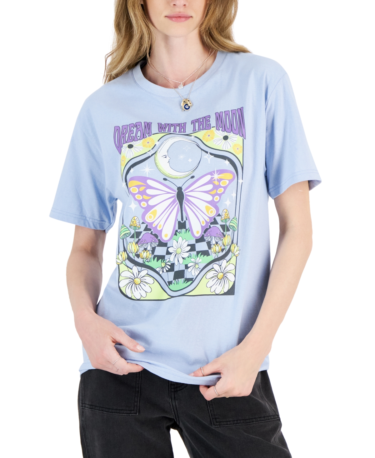 Rebellious One Juniors' Dream Butterfly Cotton Graphic T-shirt In Skylight Blue