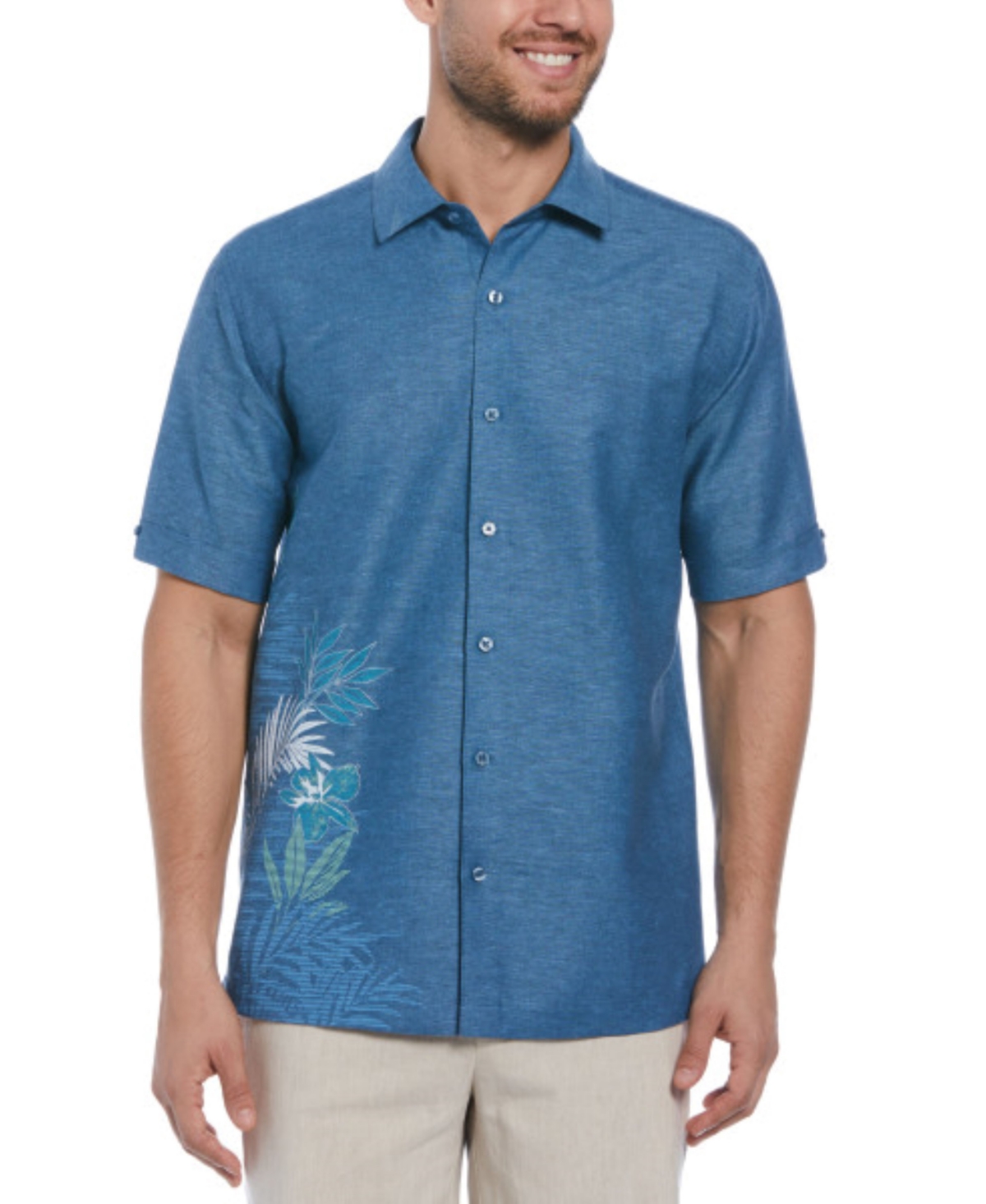 Cubavera Men's Chambray Short Sleeve Tropical Leaf Print Linen Blend Button-front Shirt In Titan
