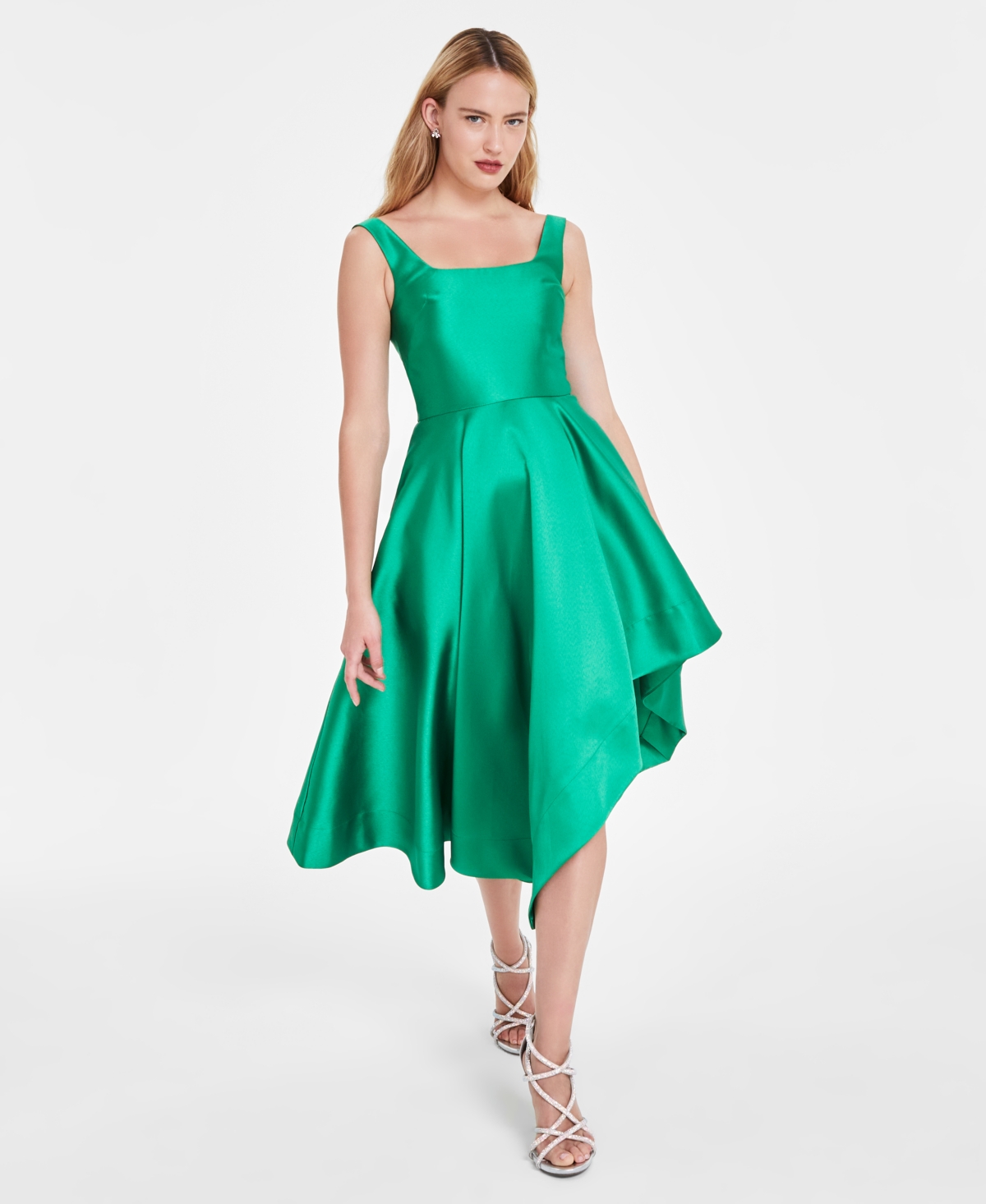 Shop Eliza J Petite Square-neck Sleeveless Asymmetric-hem Dress In Emerald