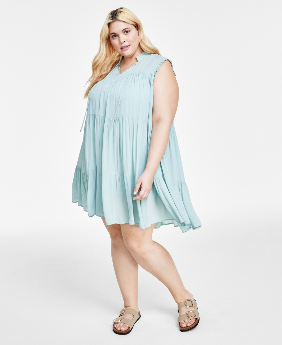 And Now This Trendy Plus Size Tiered Swing Dress In Harbor Gre