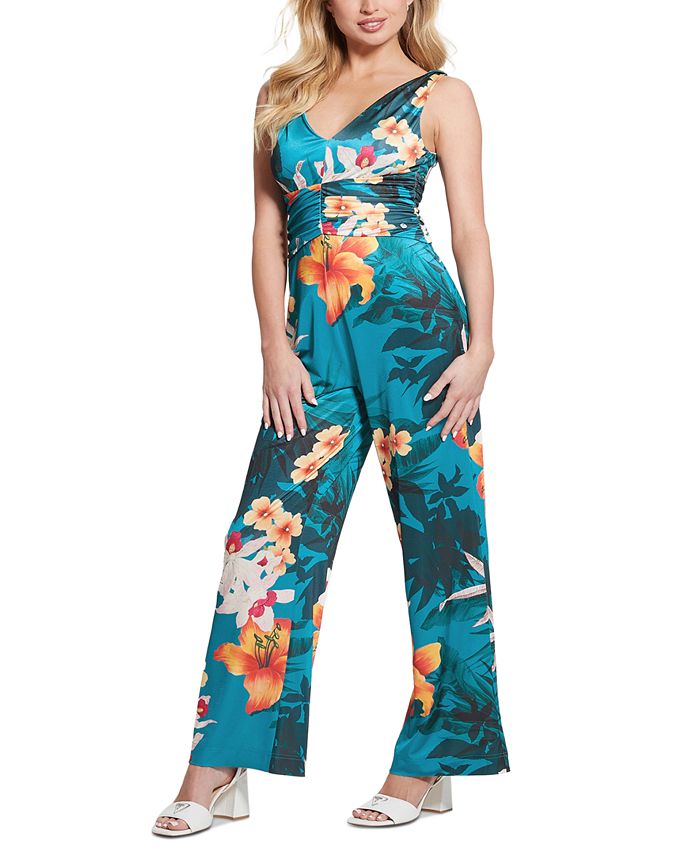 GUESS Women's Emily V-Neck Ruched-Waist Jumpsuit - Macy's