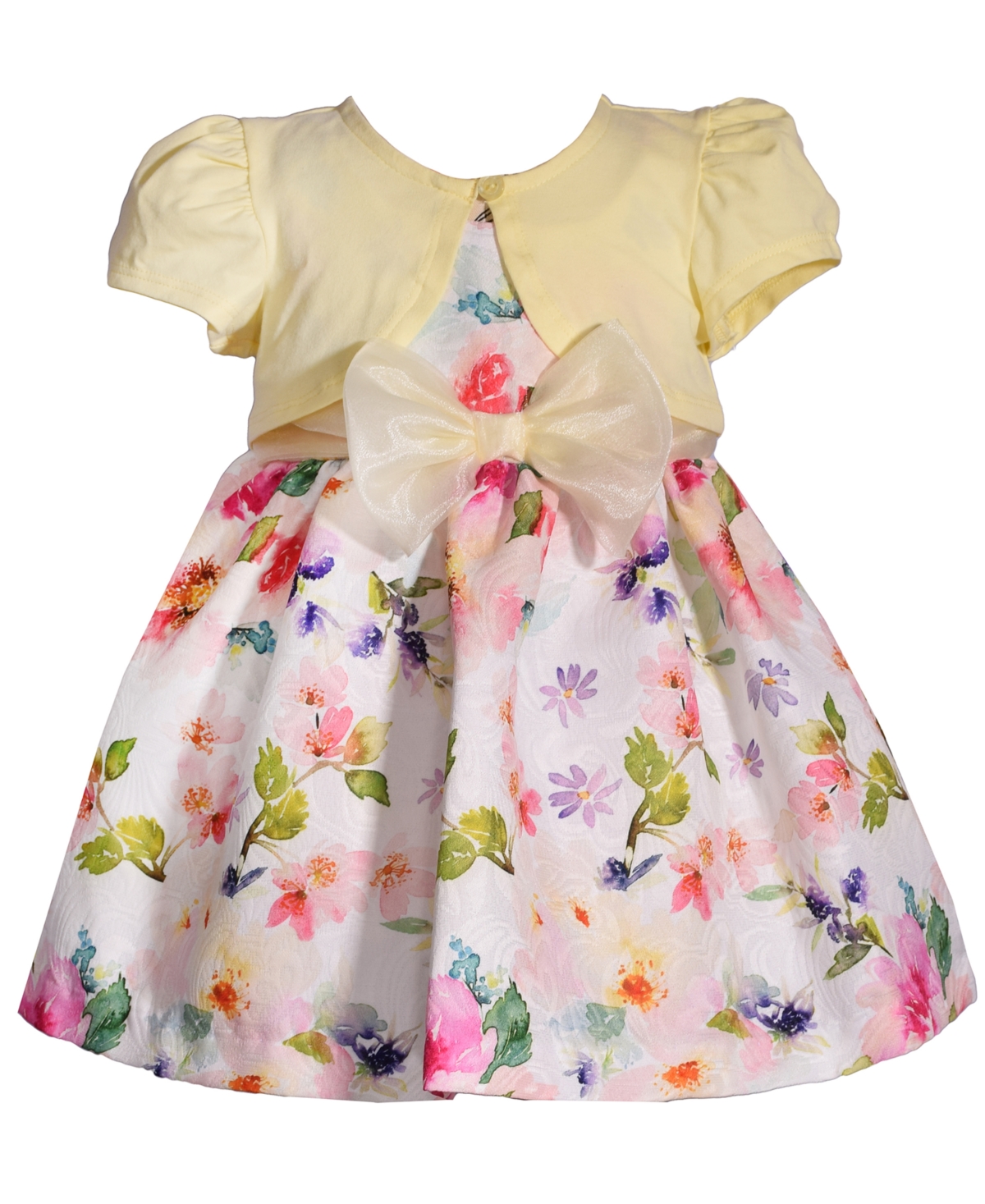Shop Bonnie Baby Baby Girls Short Sleeved Cardigan Over Watercolor Jacquard Floral Dress In Yellow