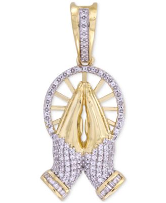 Macy's - Men's Diamond Round & Baguette Praying Hands Pendant (1/6 ct. t.w.) in 10k Gold