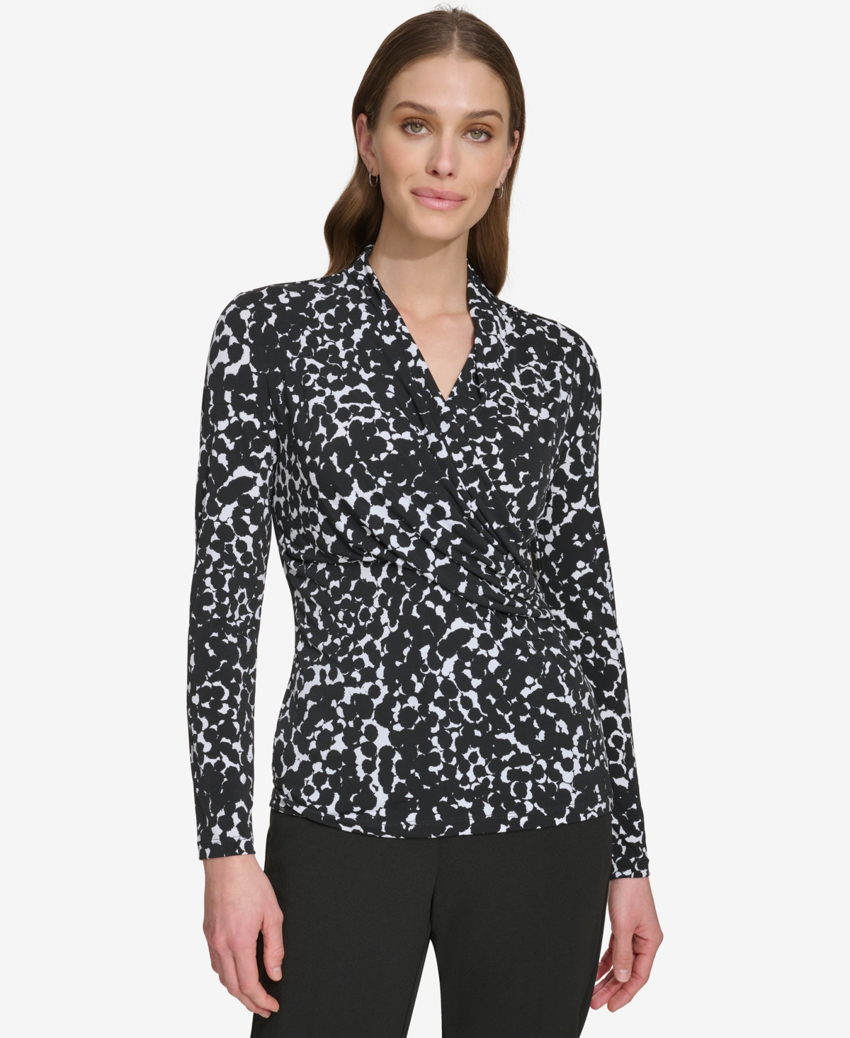 Dkny Women's Prints Side-ruched Long-sleeve Top In Blk,ivy