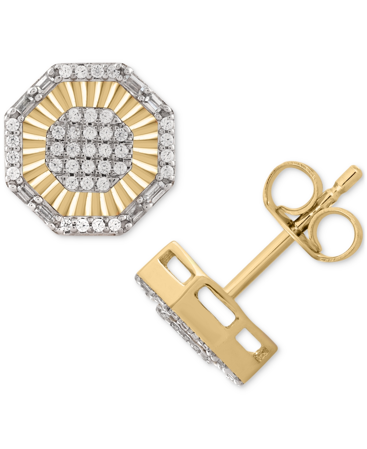 Macy's Men's Diamond Round & Baguette Hexagon Halo Cluster Stud Earrings (1/4 Ct. T.w.) In 10k Gold In Yellow Gold