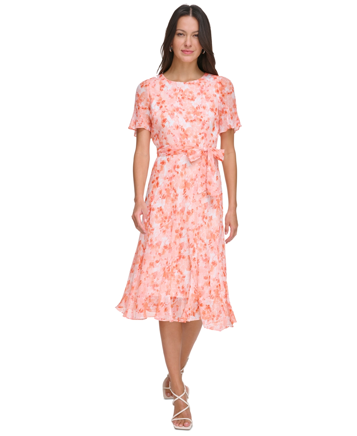 Dkny Petite Floral Godet-sleeve A-line Dress In Orange Multi